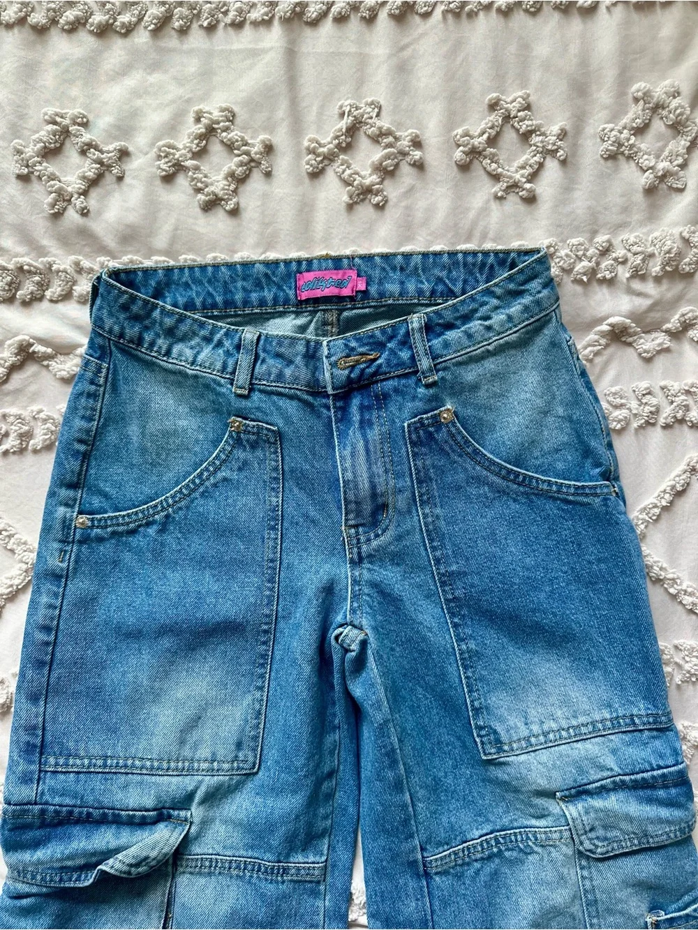 Edikted Westie Blue/Navy Washed Low Rise Baggy Cargo Jeans Size XS